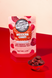 Packaged candy with Botanas branding on a red background